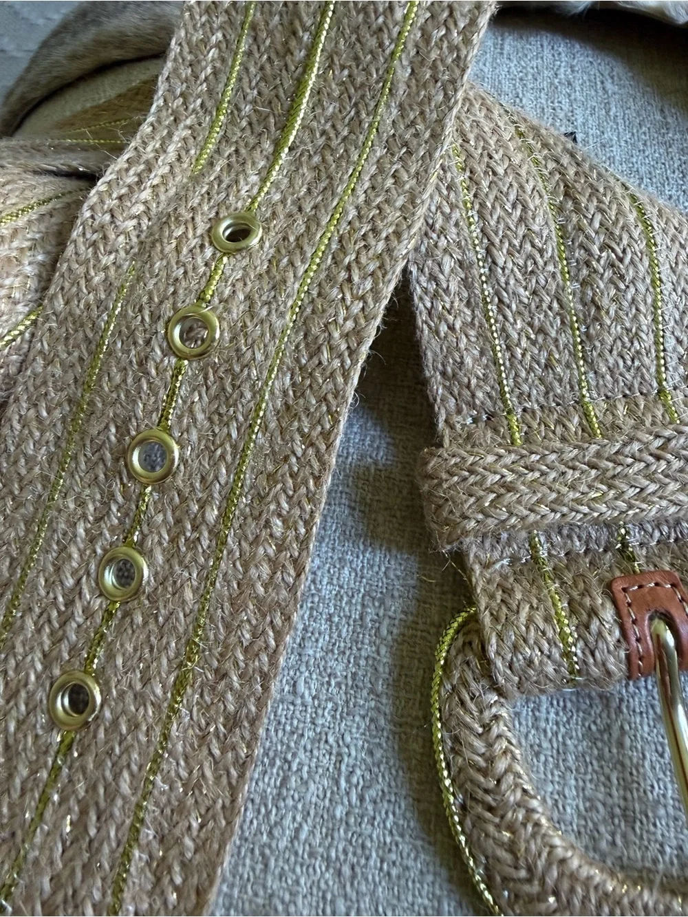Anthropologie Tan Woven Straw Belt with Lime Stitching